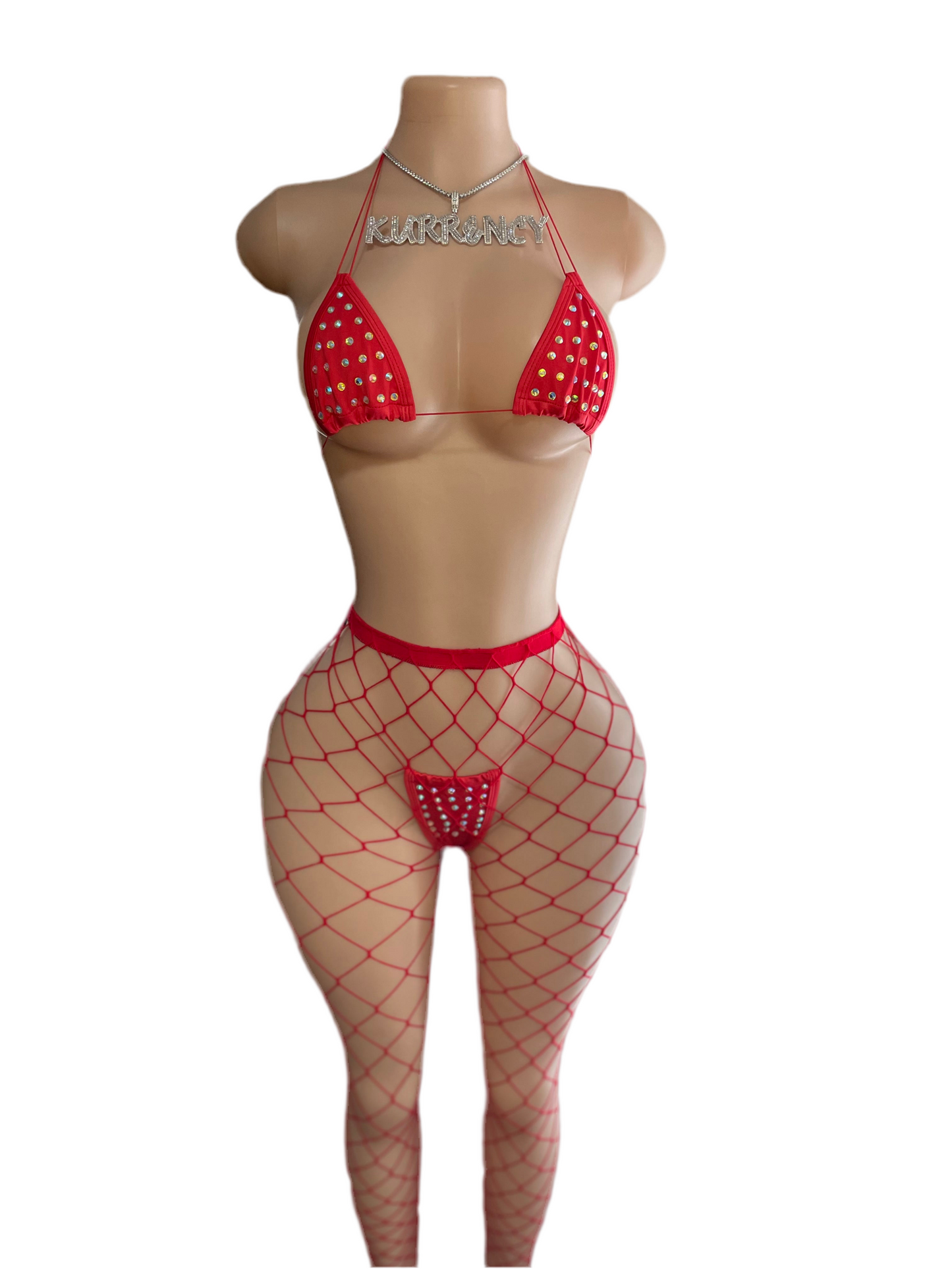 Red Fishnet Leggings 3pc Micro Bikini