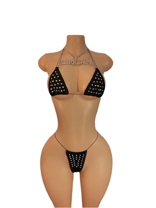 Rhinestone Black Micro Bikini 2pc Set