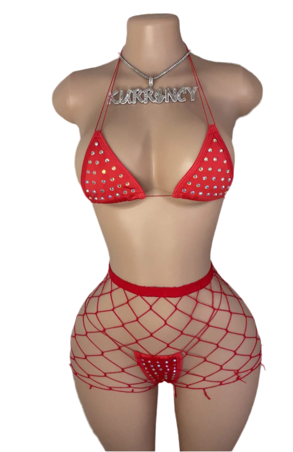 Fishnet Red 3pc Micro Bikini Set