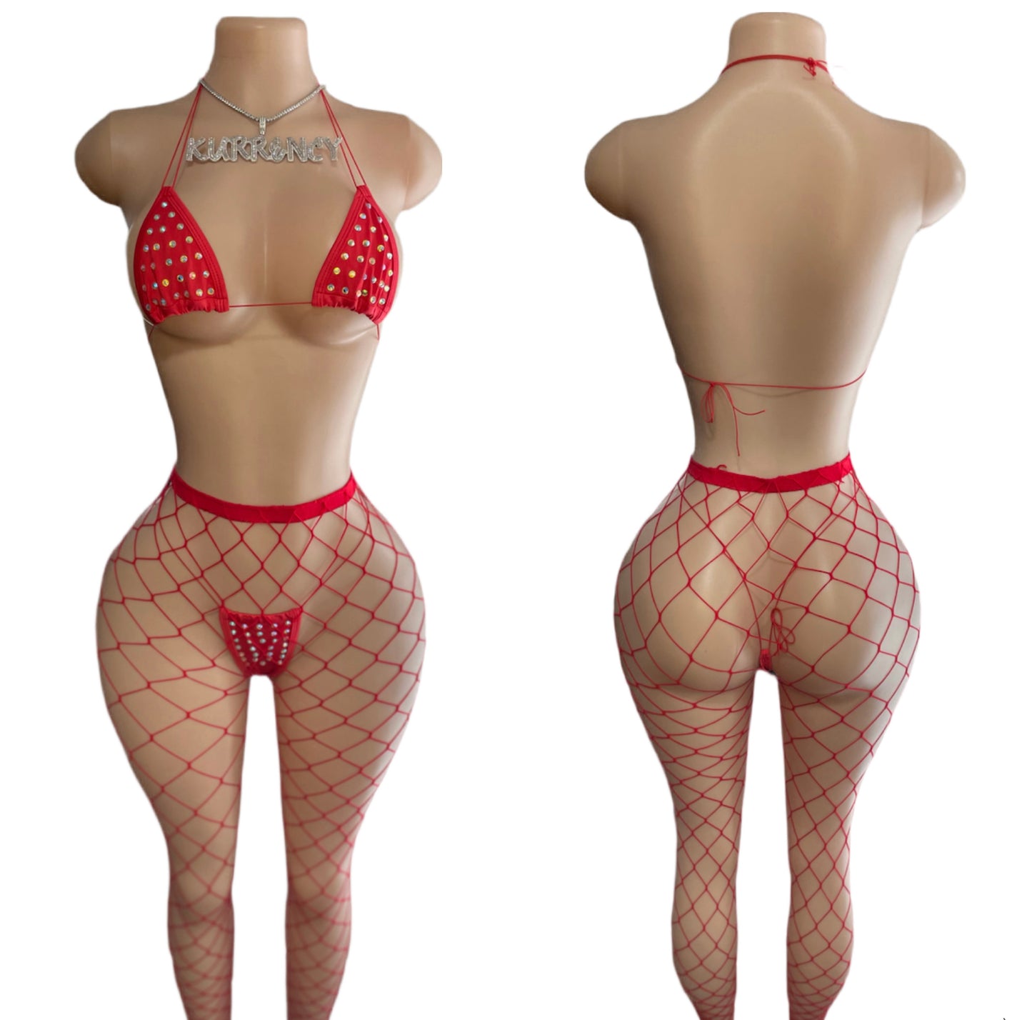 Red Fishnet Leggings 3pc Micro Bikini