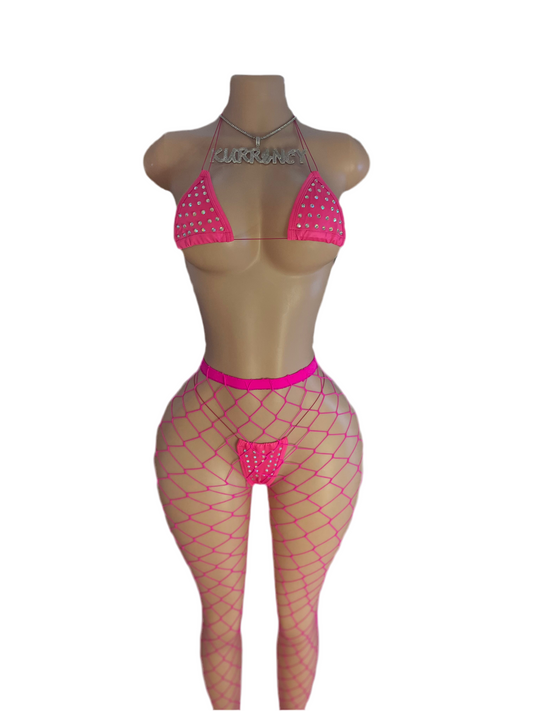 Hot Pink Fishnet Leggings 3pc Micro Bikini
