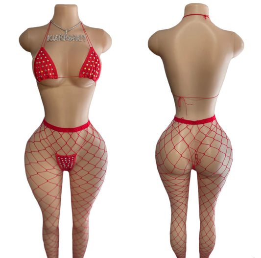 Red Fishnet Leggings 3pc Micro Bikini